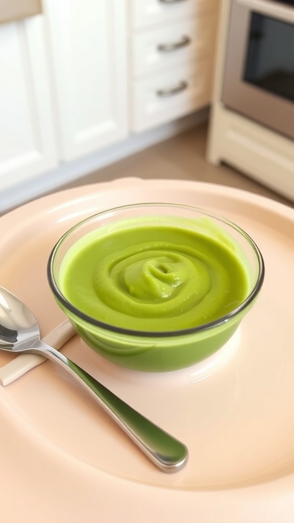 A bowl of green zucchini puree for babies on a high chair tray, with a spoon beside it.